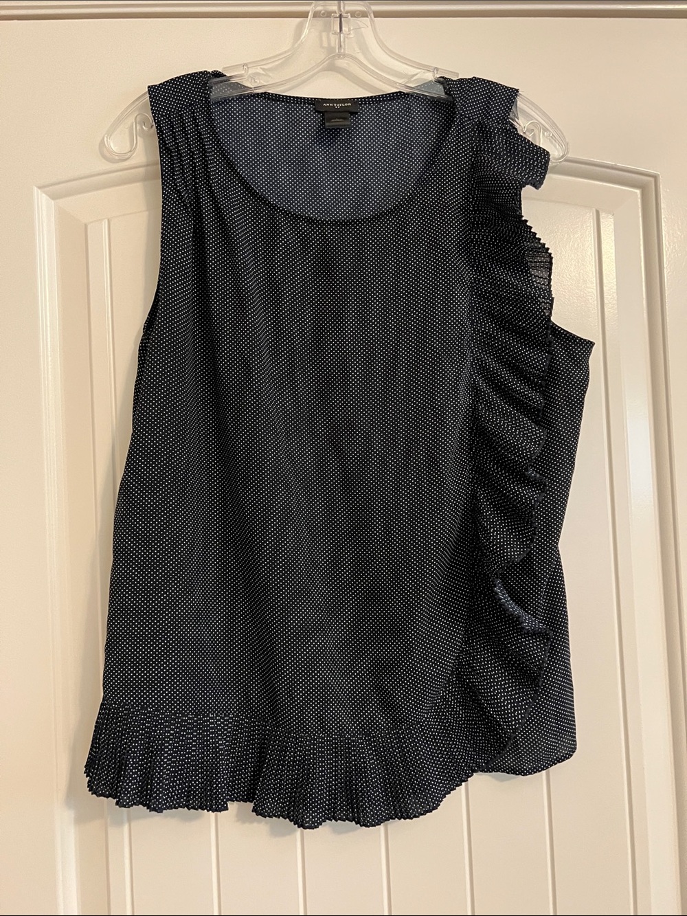Ann Taylor Navy Polka Dot Ruffle Sleeveless Blouse